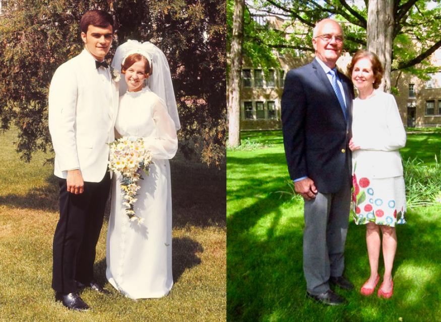 Robert Blew '71 and his wife, Julie, on May 23, 1970, and May 23, 2020, in Founders courtyard.