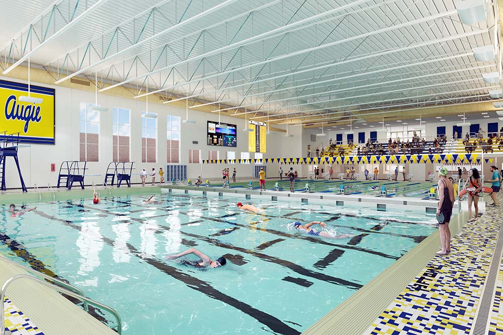 The competition pool in the Anne Greve Lund Natatorium at the Lindberg Center.