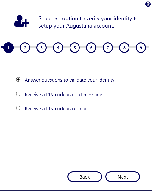 Options for verifying identity: questions, pin via text, or pin via email
