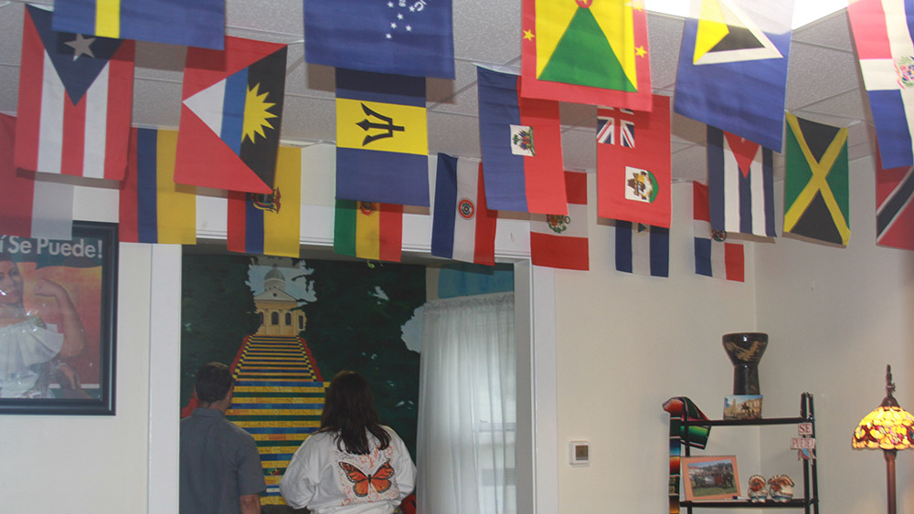 Flags from several countries on the ceiling