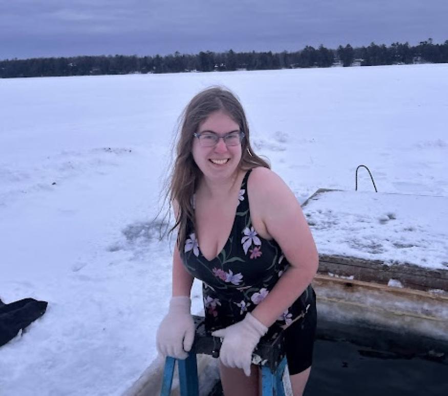 women smiling doing a gold plunge