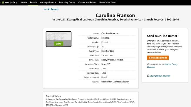 Sample record from Swedish American Church Records on Ancestry.com