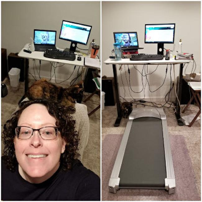 Left side of photo is Bobbie Tidwell and her cat on the desk. On the right side of the photo is 2 computer monitors and a tredmill in front of desk.