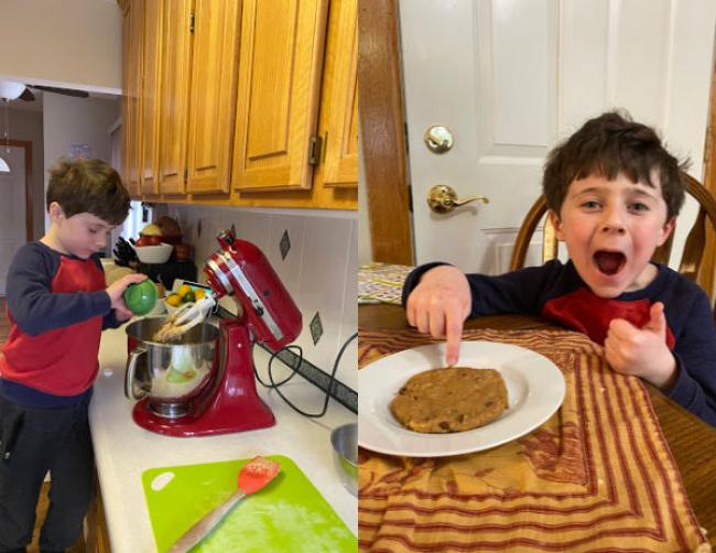 Left side of the photo son, Paul, standing over a mixer. On the right hand side of the photo is Paul smiling with his big chocolate chip cookie.