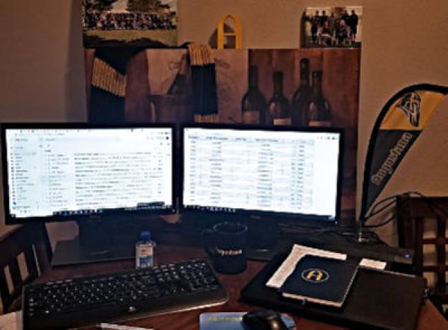 Dual monitors, mouse, Augustana scarf