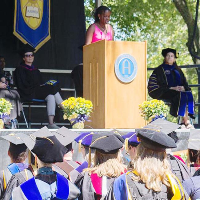 Student Rachel Nandelenga speaks at convocation